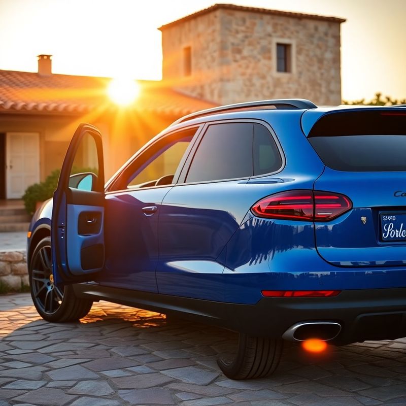 Porsche Cayenne azul aparcado en una finca mallorquina al atardecer